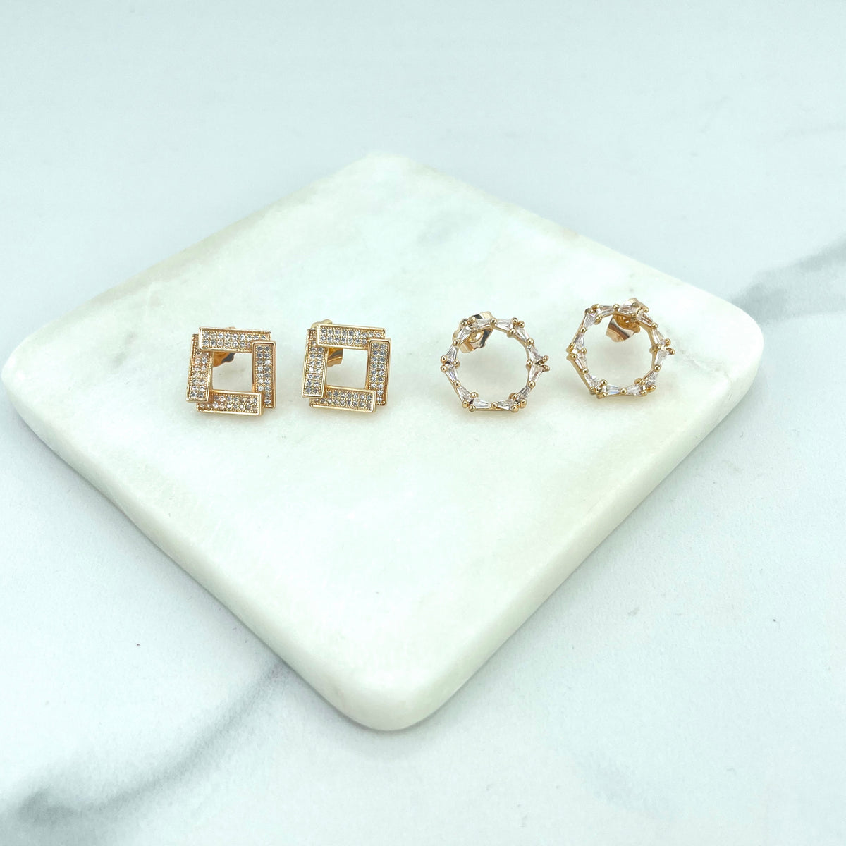 18k Gold Filled Fancy CZ Cubic Zirconia Circle or Square Stud Earrings