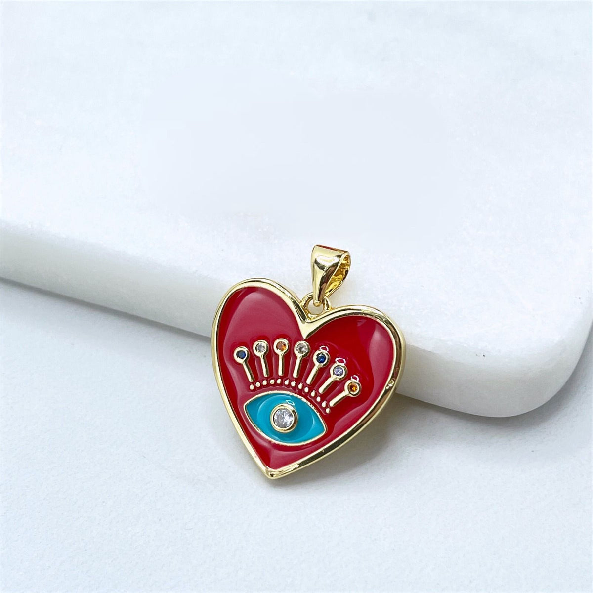 18k Gold Filled 2mm Curb Link Chain, Red Enamel with Colored Micro CZ Evil Eyes Heart Shape Earrings and Charm, Wholesale Jewelry Supplies