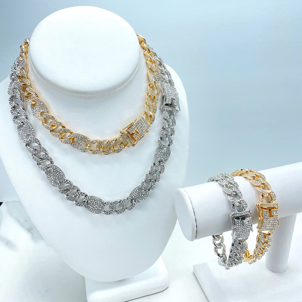 14k Gold Filled 13mm Iced Cuban Link & Mariner Link Chain, Double Safety Lock Box Cubic Zirconia Chain and Bracelet SET, Wholesale Jewelry