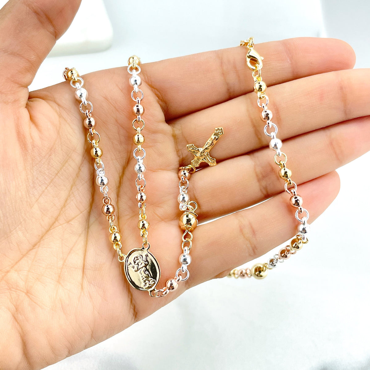 18k Gold Filled Tri Tone Beads Divine Child (El Divino Nino) Saint Beaded Rosary, Religious Protection, Wholesale Jewelry Supplies