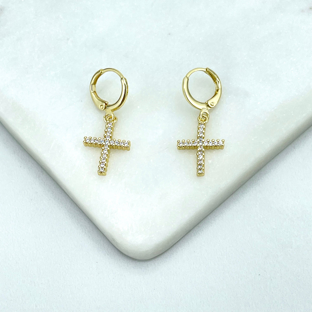 18k Gold Filled or Silver Filled Classic Huggie Hoop Earrings with Dangle Cross Shape Charm with Cubic Zirconia, Wholesale Jewelry Supplies