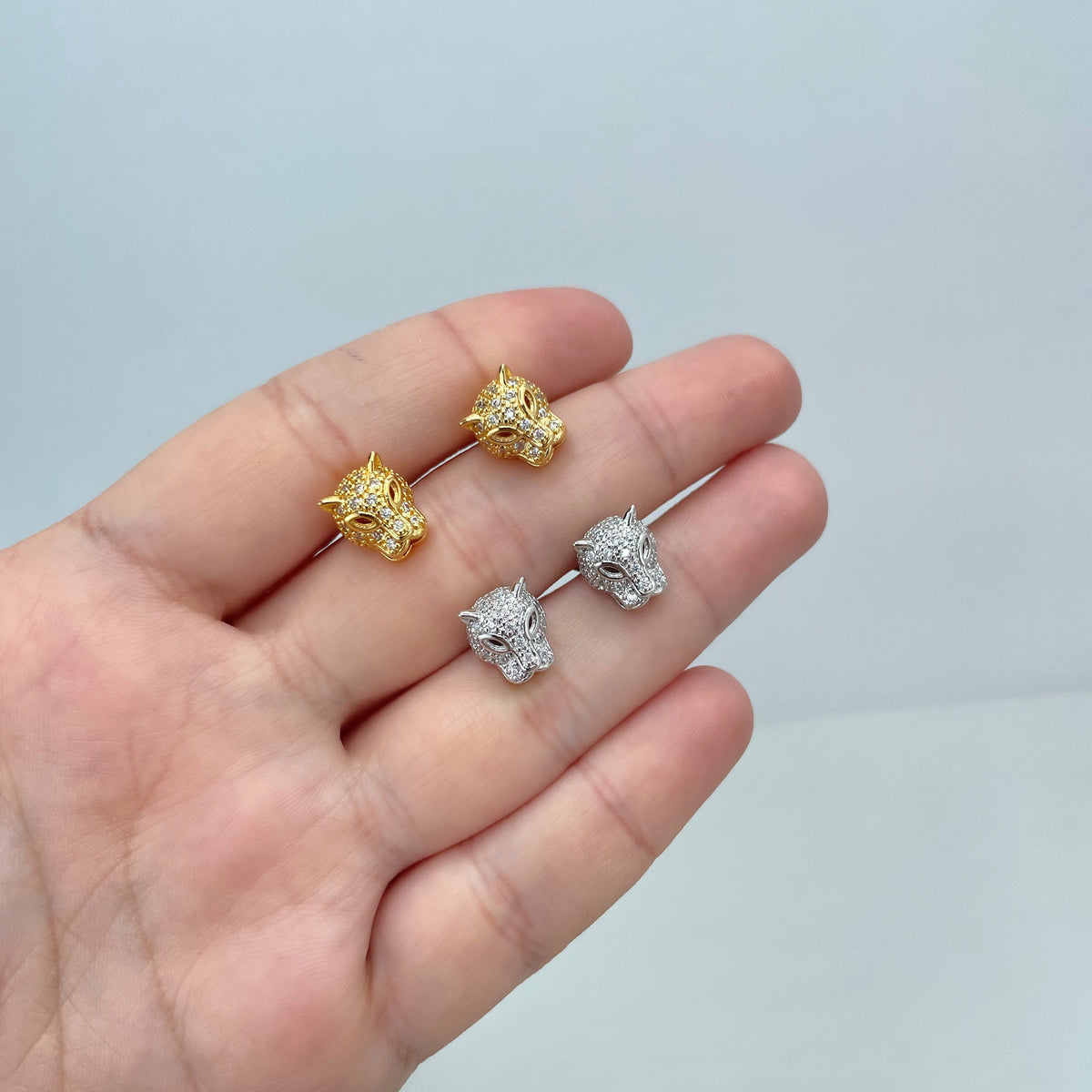 18k Gold Filled or Silver Filled Micro Pave Cubic Zirconia Panther Head Shape Stud Earrings, Leopard Stud Earrings, Wholesale Jewelry