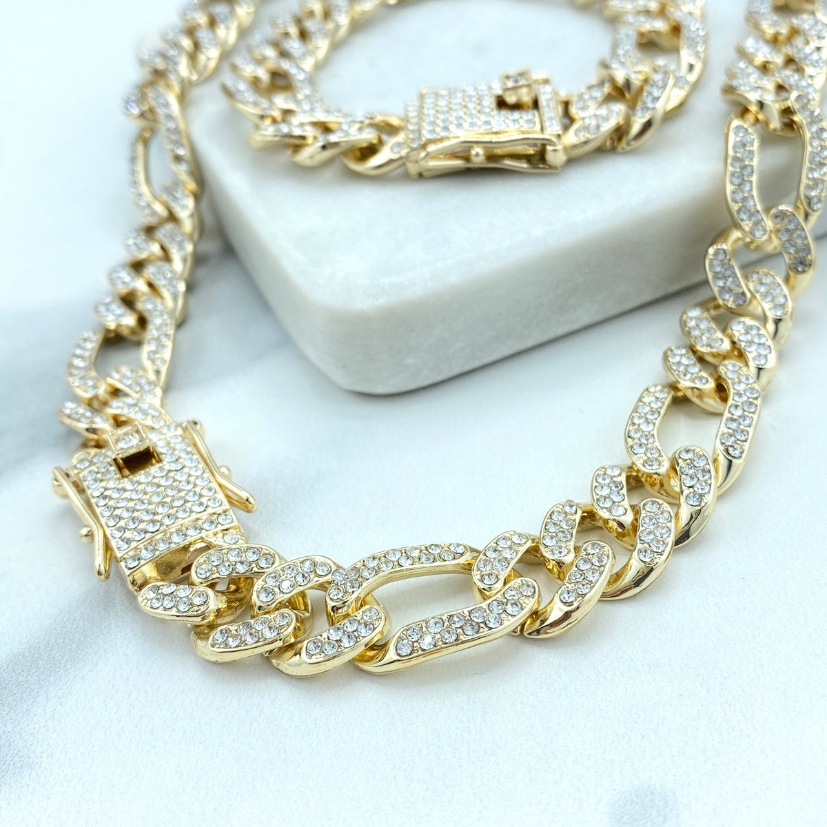 14k Gold Filled, 13mm Iced Figaro Chain Style, Featuring Double Safety Lock Box Cubic Zirconia Chain and Bracelet SET, Wholesale Jewelry