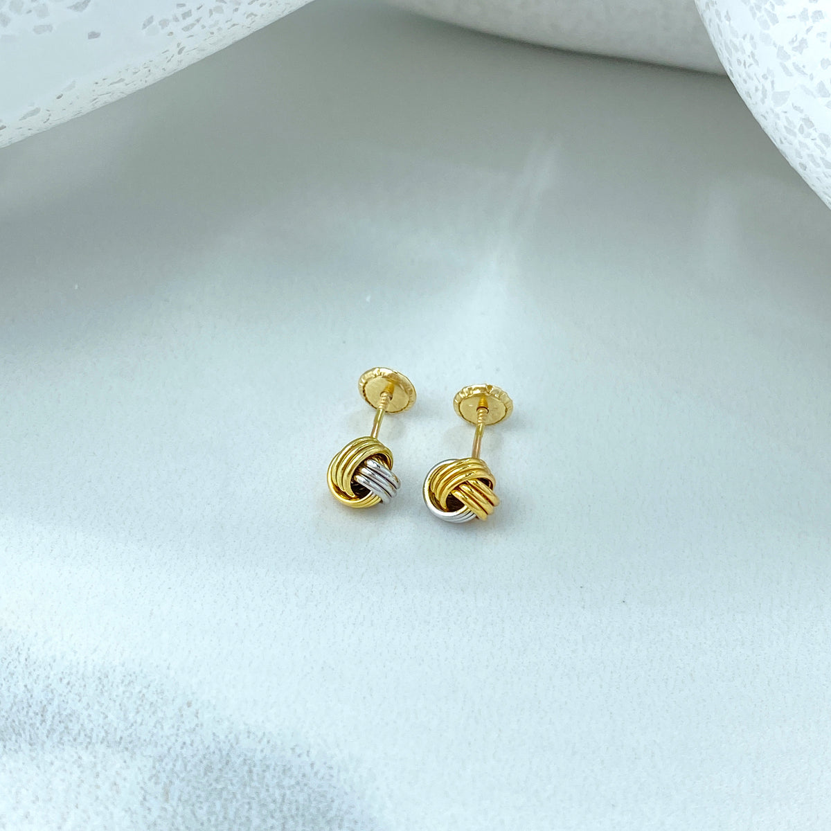 14k Solid Gold Two Tone Knot Stud Earrings, 14k Solid Yellow and Silver Gold Stud Earrings, Screw Back, Tiny Studs
