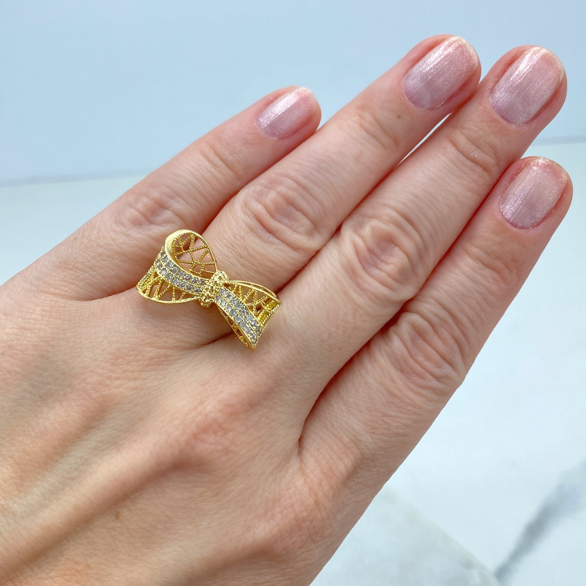 18k Gold Filled Adjustable Ring, 3D Mesh Ribbon Bow Ring featuring Micro Cubic Zirconia Adjustable Ring, Cutout Bow Ring, Wholesale Jewelry