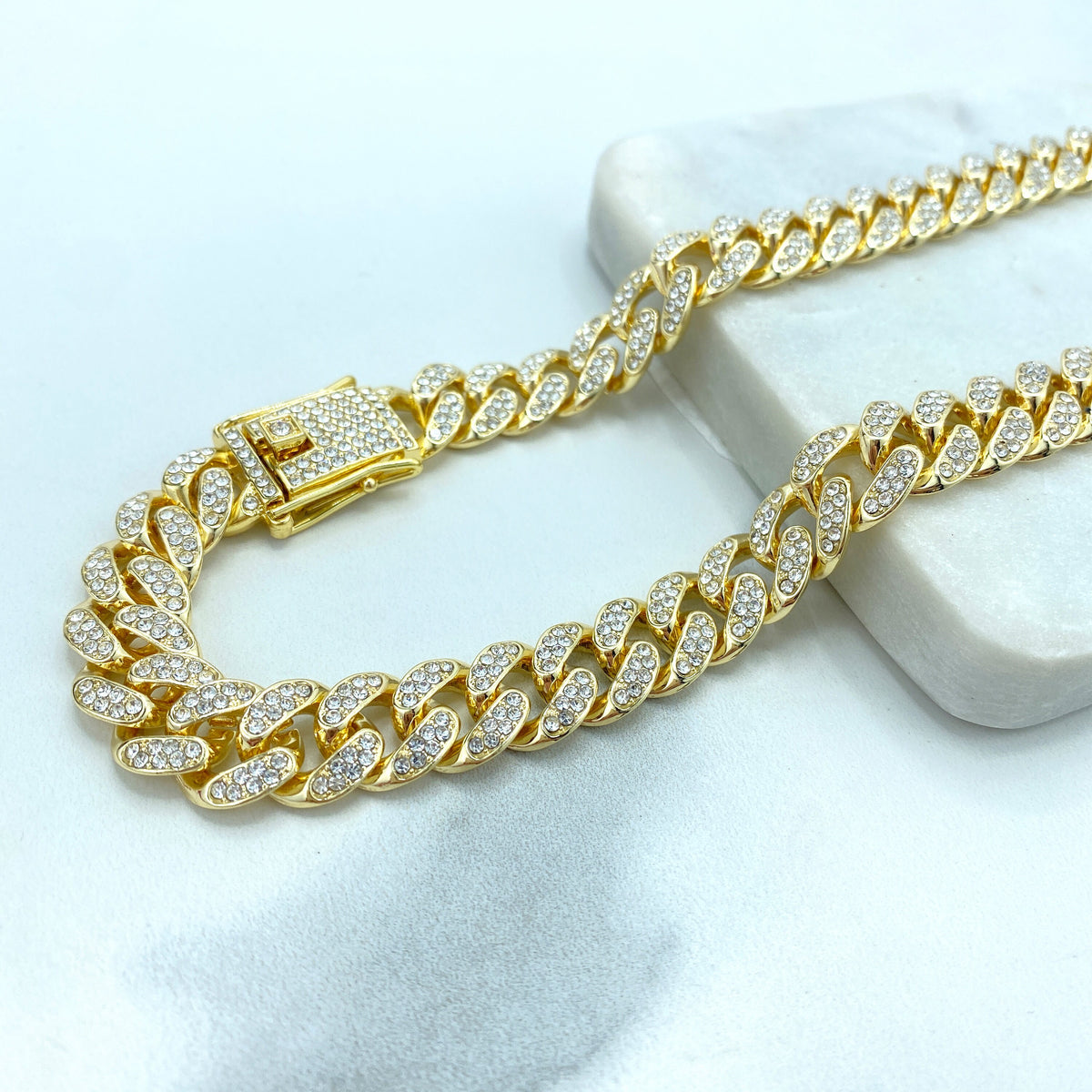 14k Gold Filled, 12mm Iced Miami Cuban Chain, Featuring Double Safety Lock Box Cubic Zirconia Chain and Bracelet SET, Wholesale Jewelry