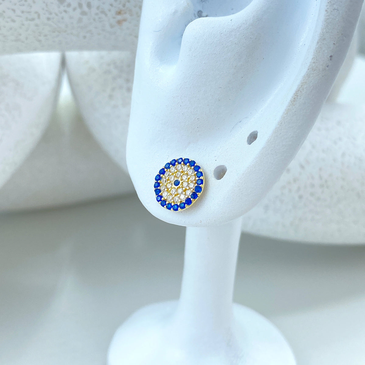 14k Solid Gold Evil Eye Micro Cubic Zirconia Stud Earrings, 14k Solid Yellow Gold CZ Stud Earrings, Push Back, 14k Solid Gold Tiny Studs