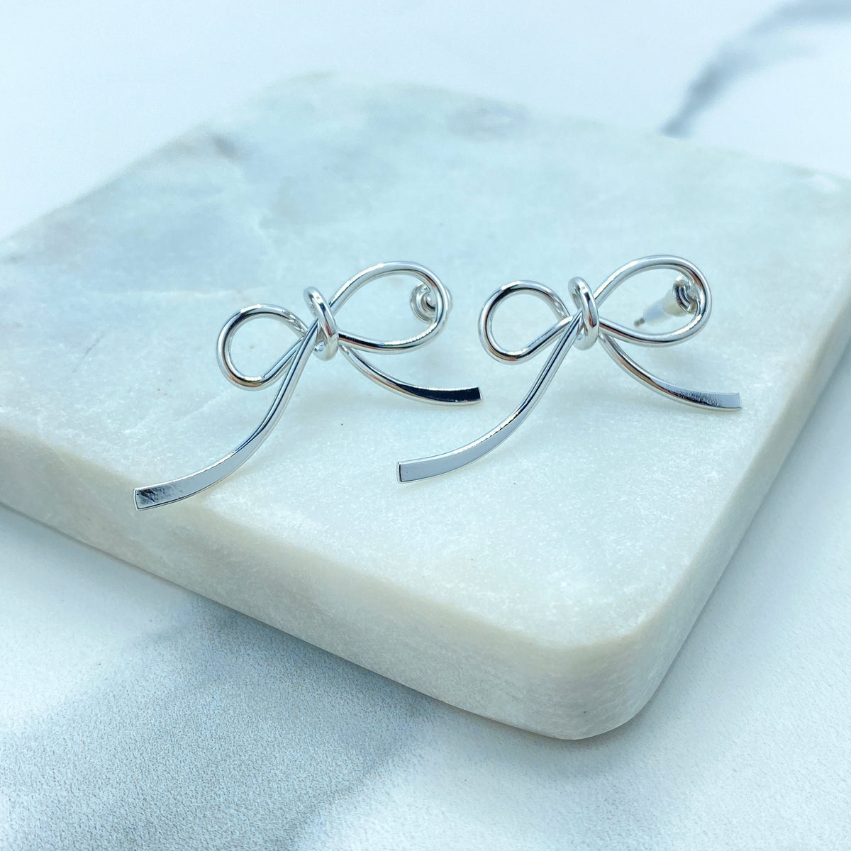 Silver Filled Ribbon Bow Shape Post Earrings, Bow Ribbon Knot Stud Earrings, Trendy Bow Earrings, Wholesale Jewelry