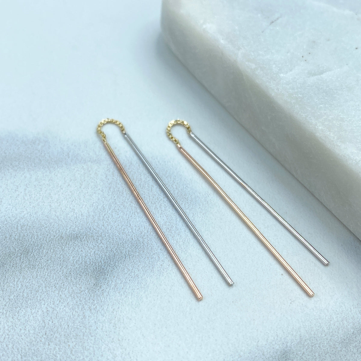18k Gold Filled Three Tone Box Chain and Line Threader Earrings, Minimalist Style, Wholesale Jewelry