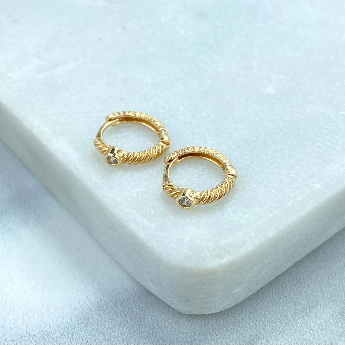 14k Solid Gold Huggie Earrings Twisted Style featuring Clear Cubic Zirconia, 14k Solid Yellow Gold CZ Twisted Huggie Earrings