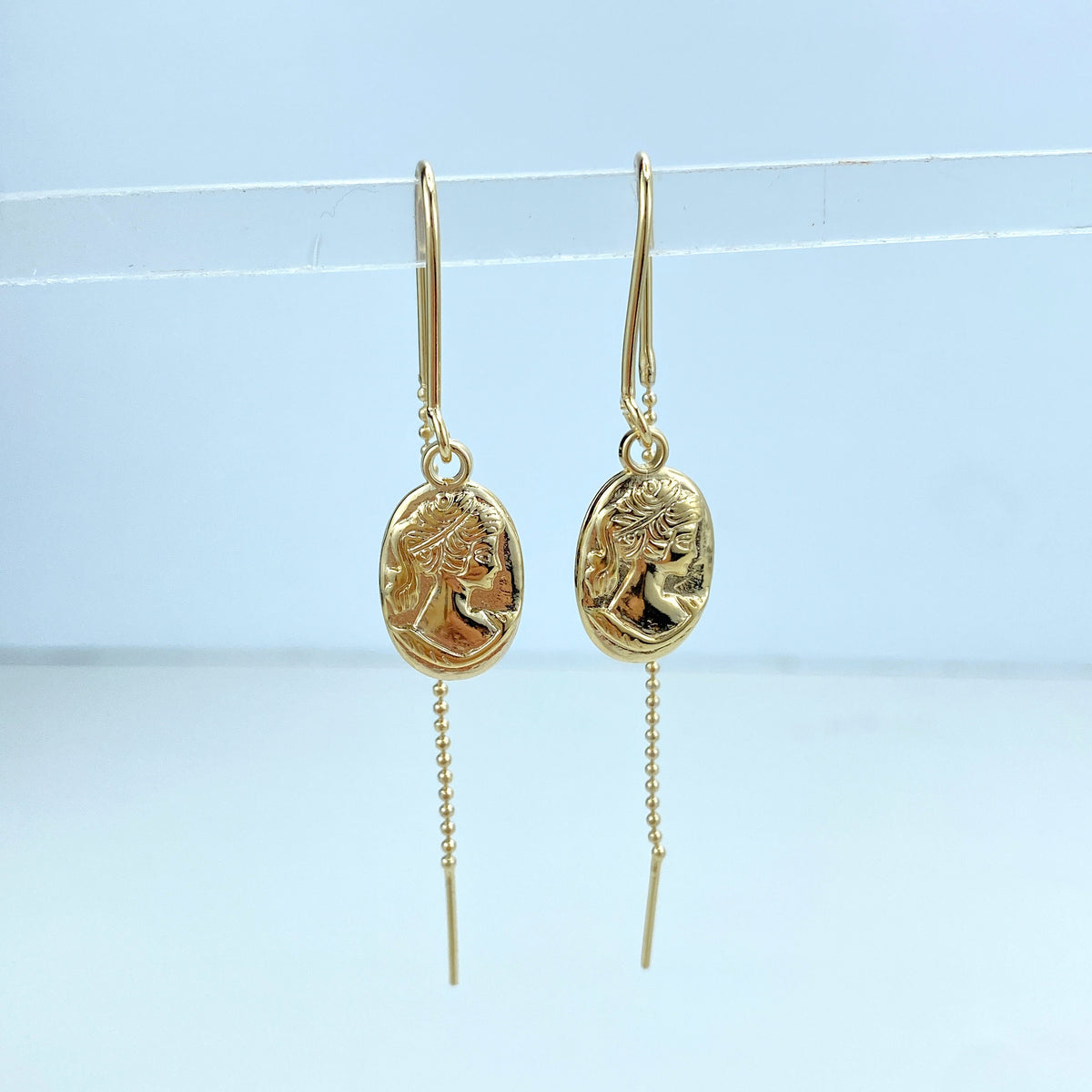 18k Gold Filled Threader Earrings Chain with Drop Medal Cameo or Cutout Crown Charm, Vintage Threader Earrings, Wholesale Jewelry