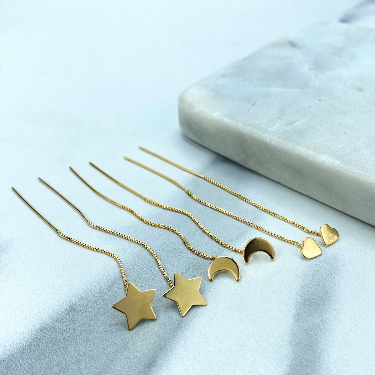 18k Gold Filled Box Chain Threader Earrings with Drop Polished Star, Moon or Heart Charm, Wholesale Jewelry