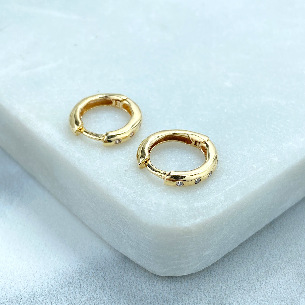 14k Solid Gold Huggie Earrings featuring Clear Cubic Zirconia, 14k Solid Yellow Gold Classic CZ Huggie Earrings