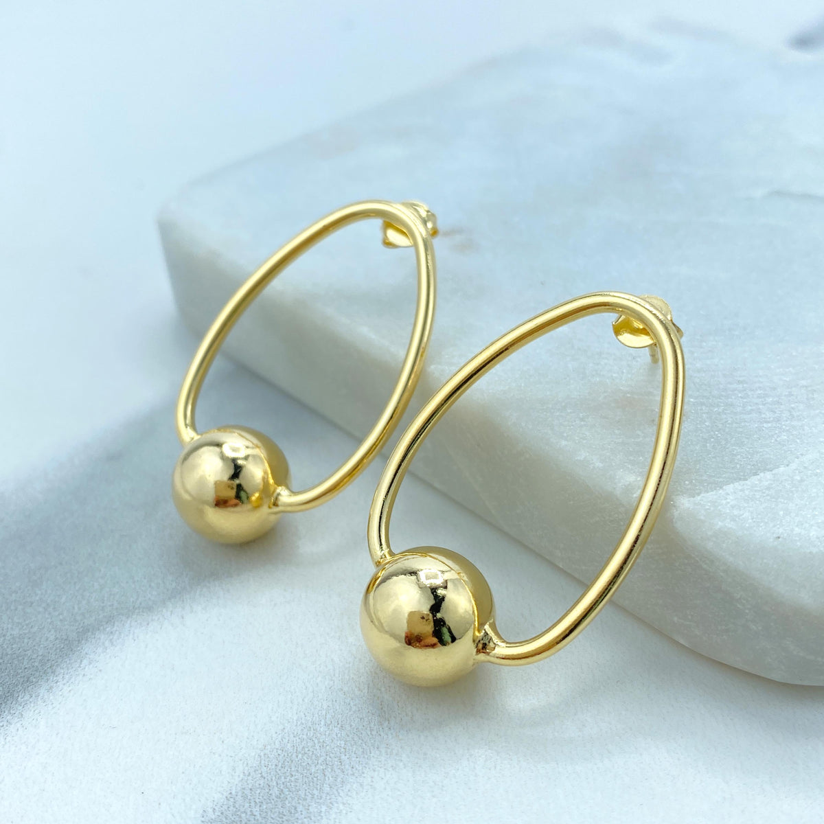 18K Gold Filled Oval Hoop Earrings Style with 12mm Gold Bead, Minimalist Hoop Earrings, Stud Ball Hoop, Fine Jewelry, Wholesale Jewelry