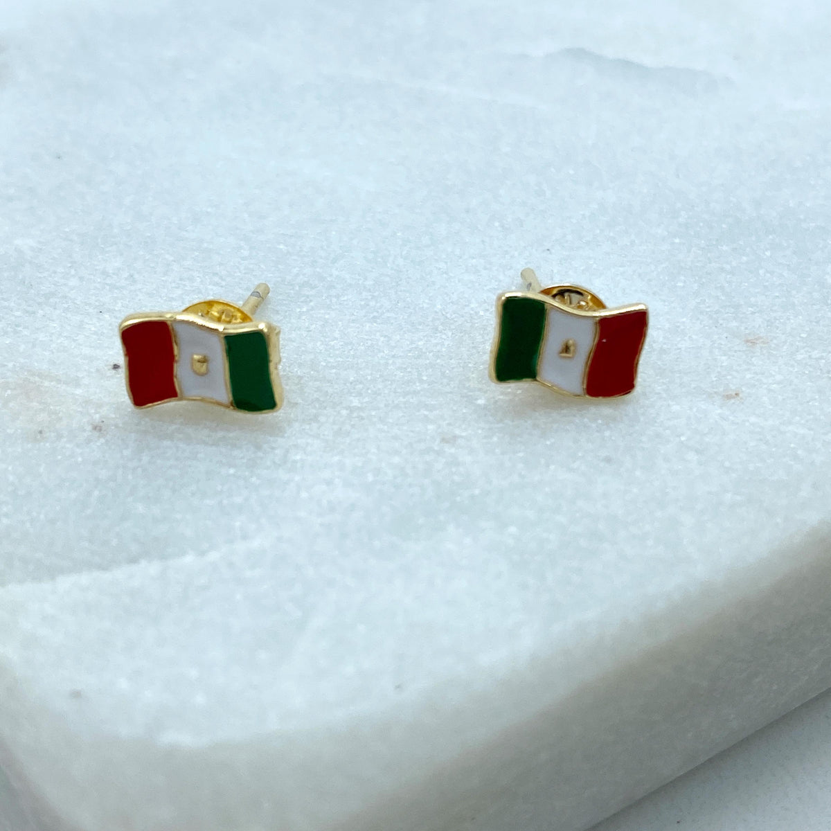 18K Gold Filled Mexican Flag Stud Earrings, Stud Earrings Mexican Flag Enamel Colorful, Patriot Earrings, Wholesale Jewelry