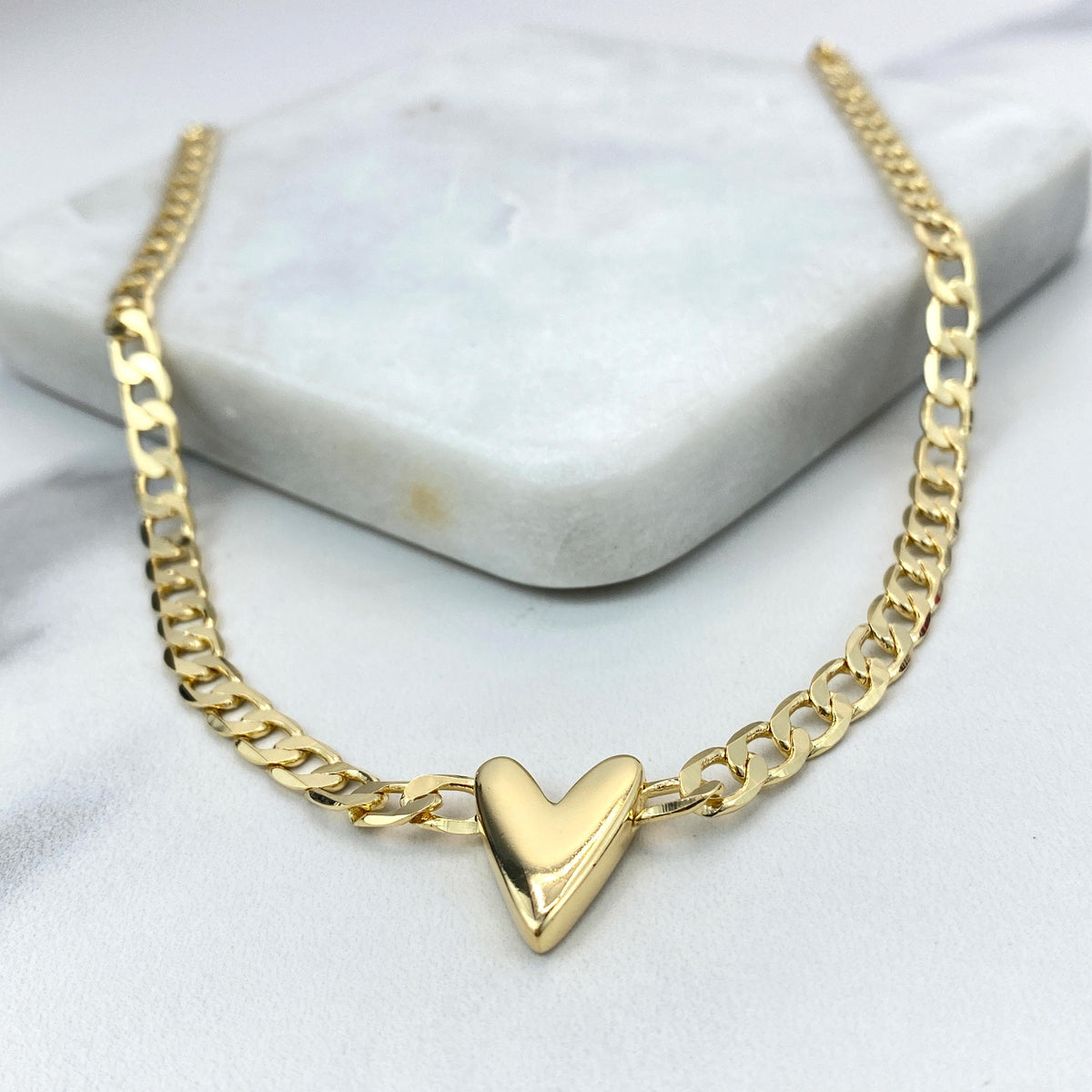 18k Gold Filled 5mm Flat Curb Link Chain Necklace with V-Heart Charm on Center, 18 Inches + Extender, Wholesale Jewelry