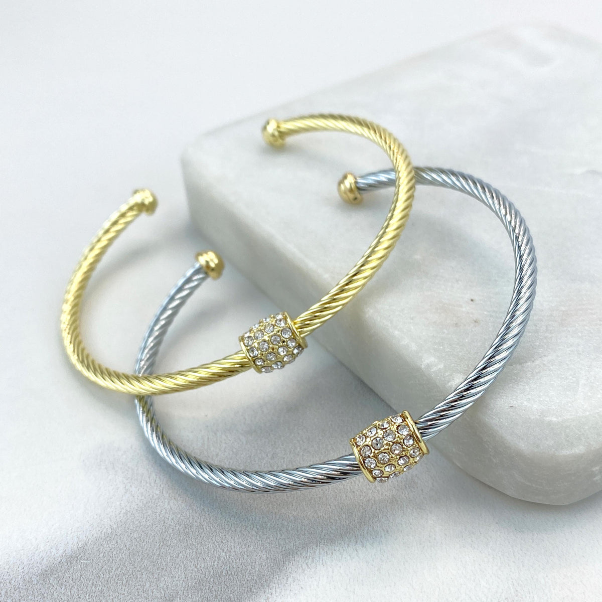 18k Gold Filled or Silver Filled Cable Cuff Bracelets with Charm featuring Micro Pave Cubic Zirconia, Adjustable Bracelet, Wholesale Jewelry