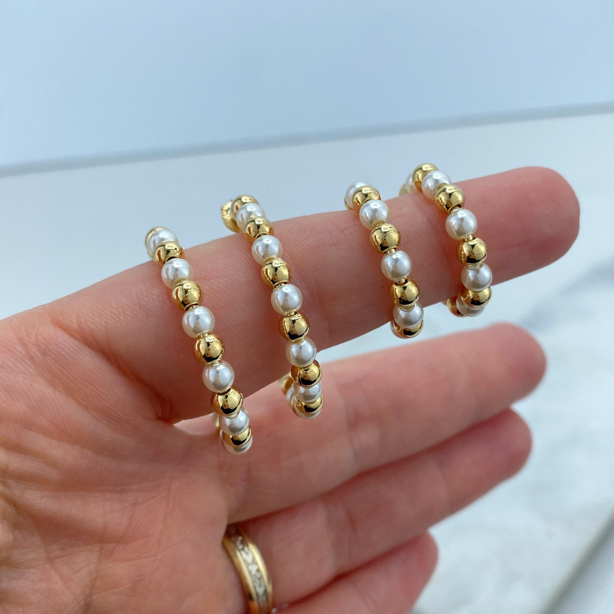 18k Gold Filled 4mm Thickness Open Pearl Beaded Hoop, Gold Beads & Simulated Pearl C-Hoop, 22mm or 32mm Beaded Hoop, Wholesale Jewelry