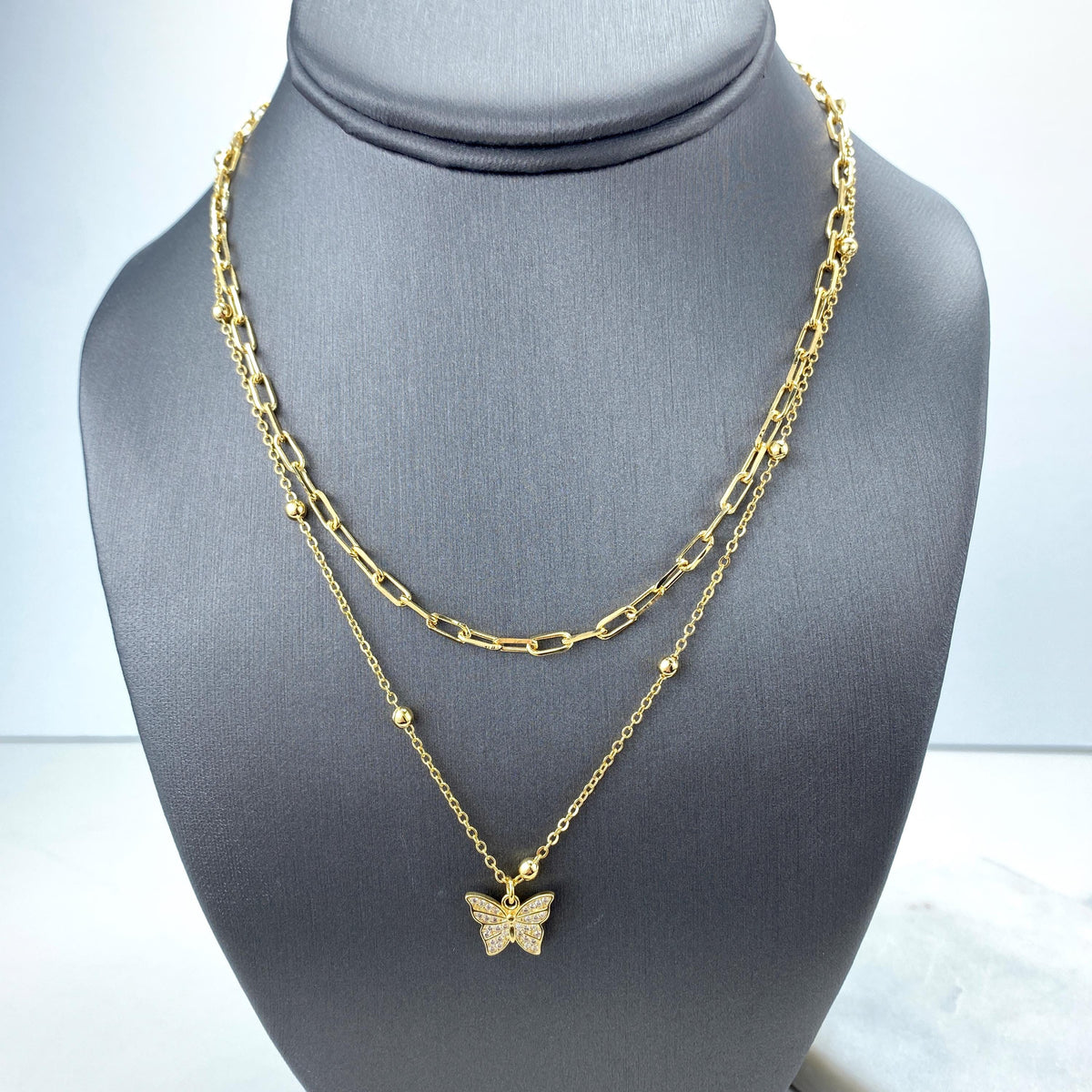 18K Gold Filled Double Necklace with Butterfly Charm featuring Micro Pave Cubic Zirconia, Paperclip 16" Satellit Chain 18" Wholesale Jewelry