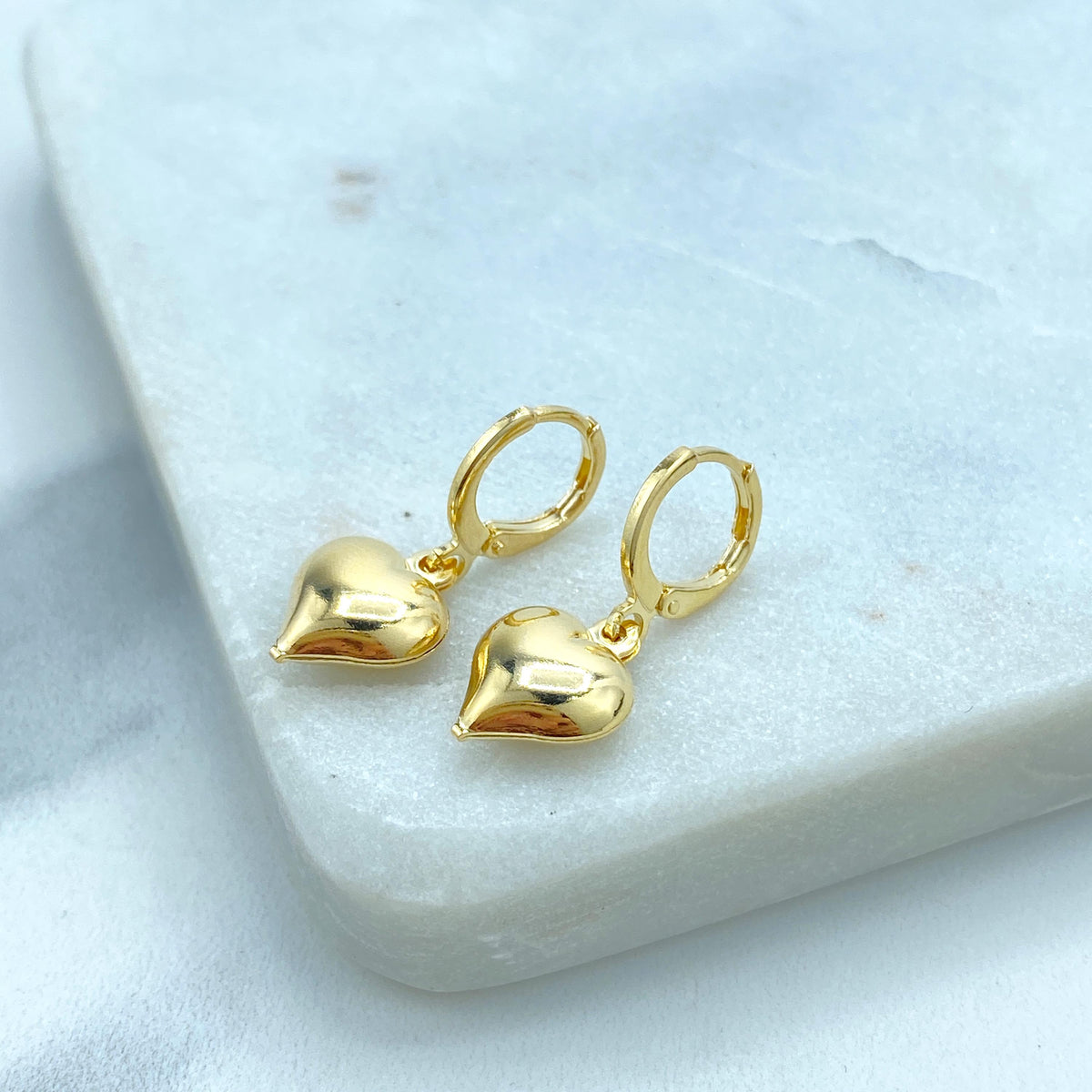 18k Gold Filled 3D Puffed Dangle Heart Charm Huggie Earrings, Small or Medium Size, Hollow and Lightweight Earrings, Wholesale Jewelry
