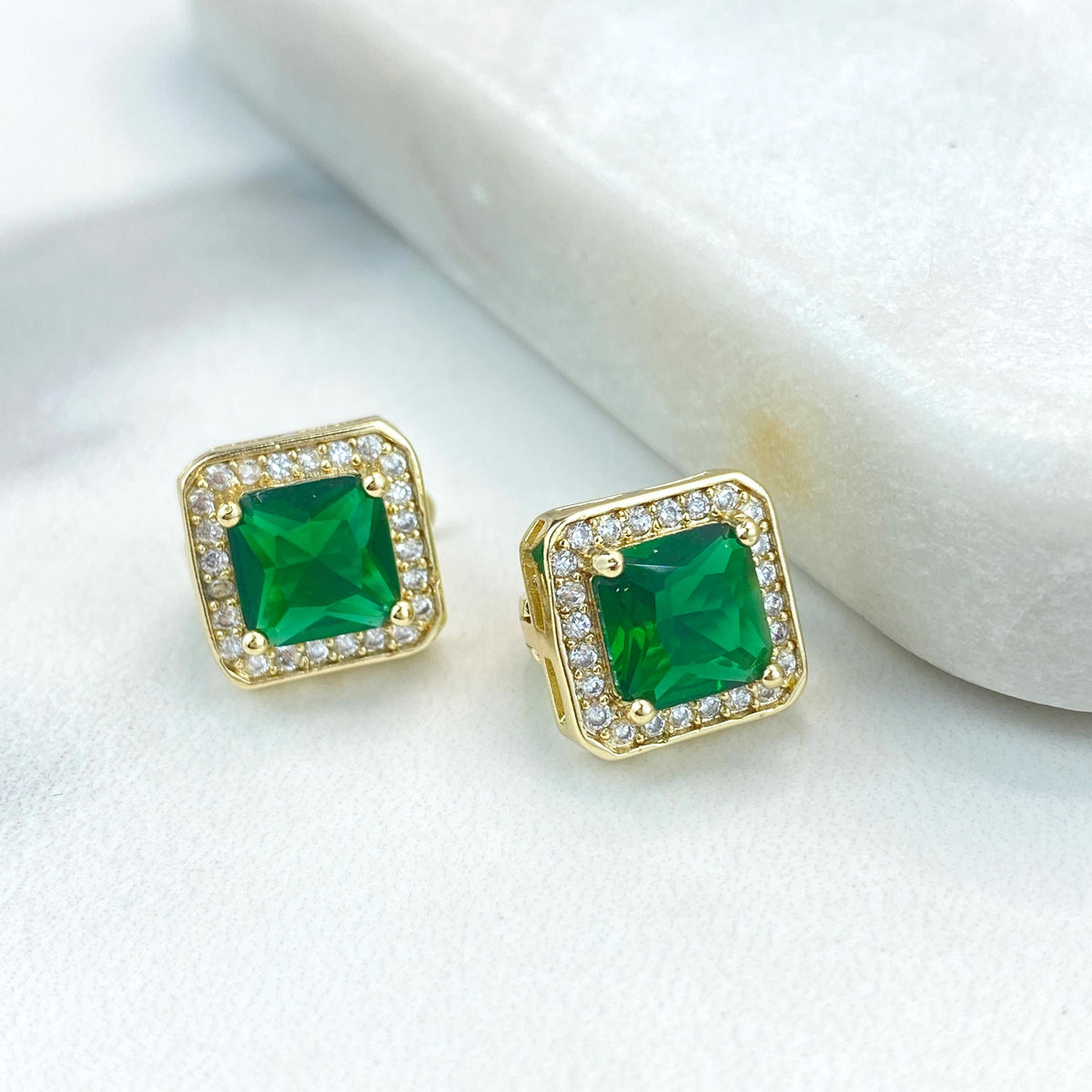 18k Gold Filled Halo Square Leverback Earrings featuring Green Cubic Zirconia and White Micro Pave, Elegant and Timeless, Wholesale Jewelry
