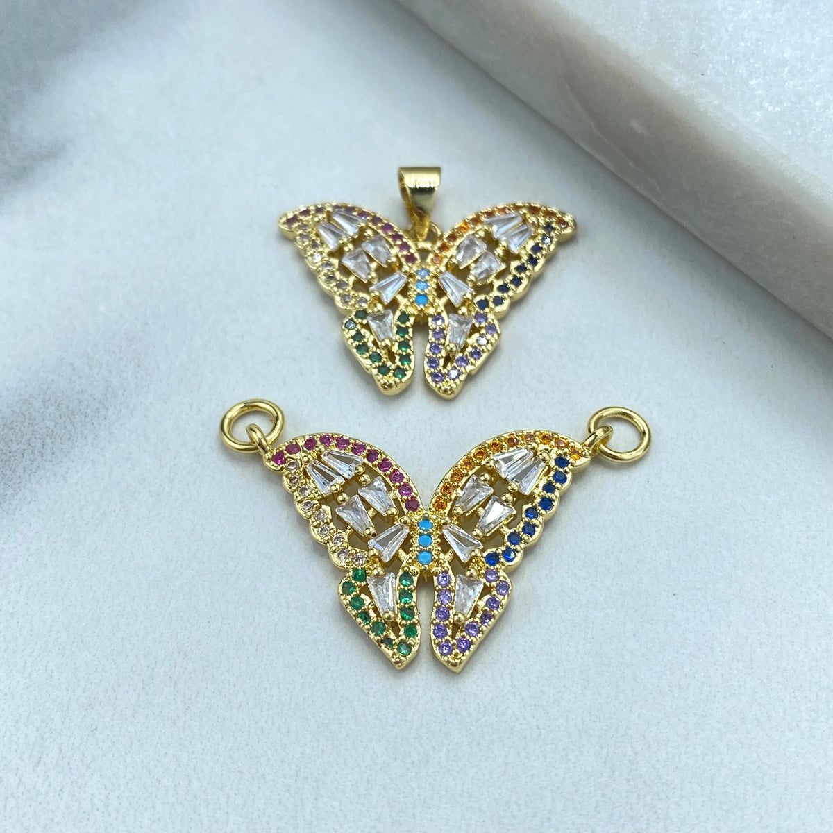 18k Gold Filled Multicolor Cubic Zirconia Butterfly Charm, DIY Butterfly Charm Pendant, with Single Bail or Double Bails, Wholesale Jewelry