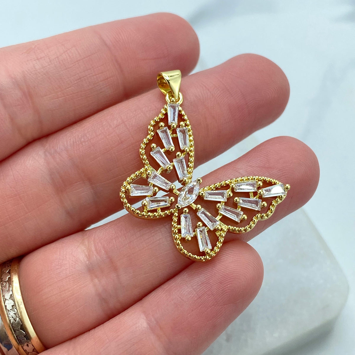 18k Gold Filled White Cubic Zirconia Butterfly Charm, DIY Butterfly Pendant with Side Bail Wing, Cutout Butterfly with CZ, Wholesale Jewelry