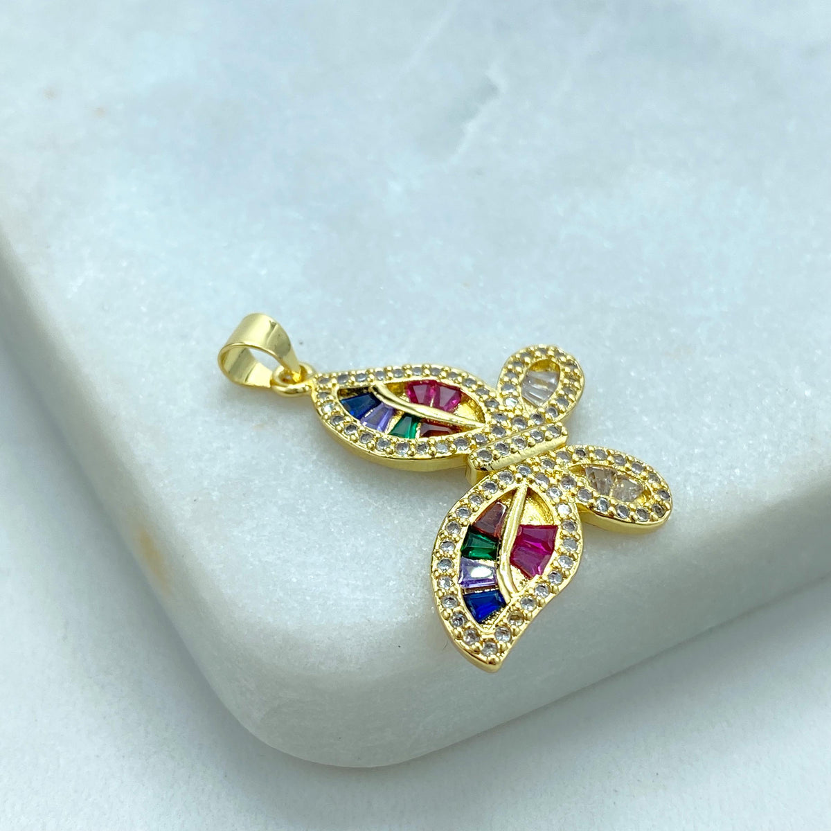 18k Gold Filled Multicolor Cubic Zirconia Butterfly Charm, DIY Butterfly Pendant with Side Bail Wing, Wholesale Jewelry