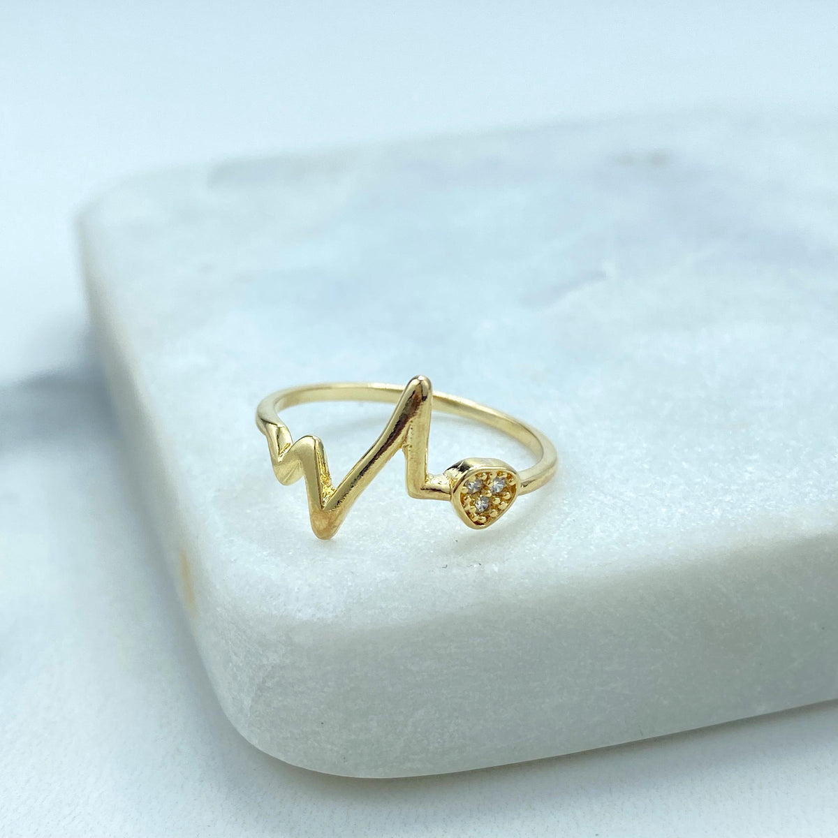 18k Gold Filled Heartbeat Line with Heart Ring, Micro Cubic Zirconia Heart with Heartbeat Line Thin Ring, Wholesale Jewelry