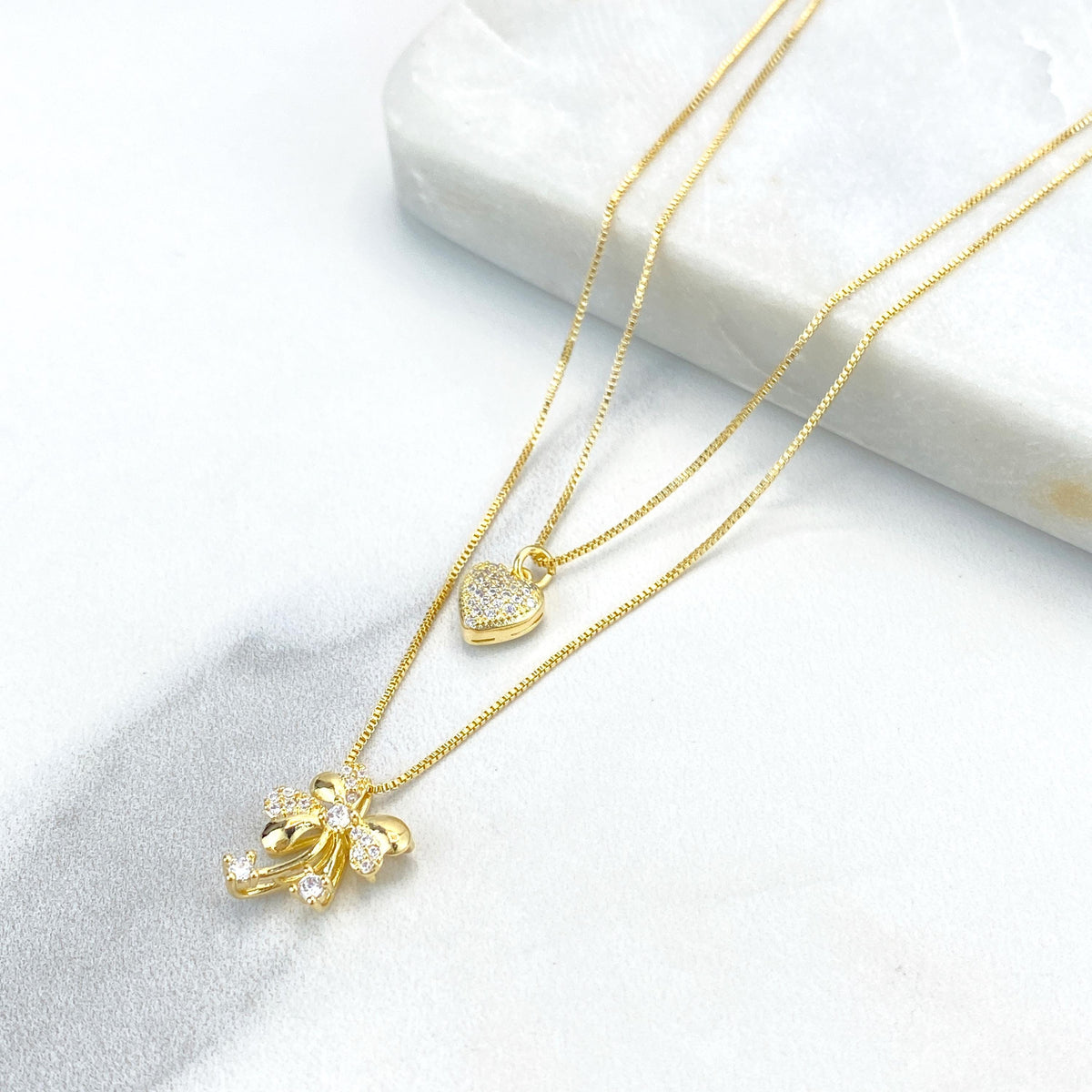 18k Gold Filled Double Necklace with Heart & Ribbon Bow Charm featuring Micro Pave, 17 inches and 19 Inches Long, Wholesale Jewelry