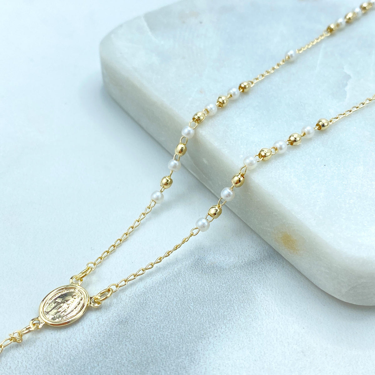 18k Gold Filled Simulated Pearls and Gold Beads Rosary with Miraculous Virgin Charm, Christian Catholic Rosary, Wholesale Jewelry