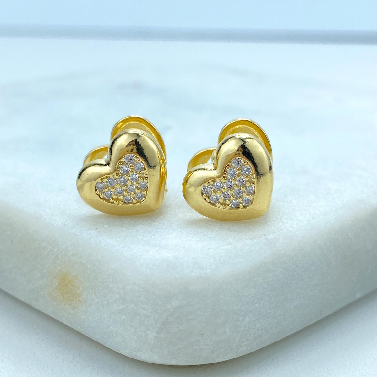 18k Gold Filled Petite Heart-Shaped Earrings featuring Front Micro-Pavé Cubic Zirconia and Cutout Back, Heart Earrings, Wholesale Jewelry