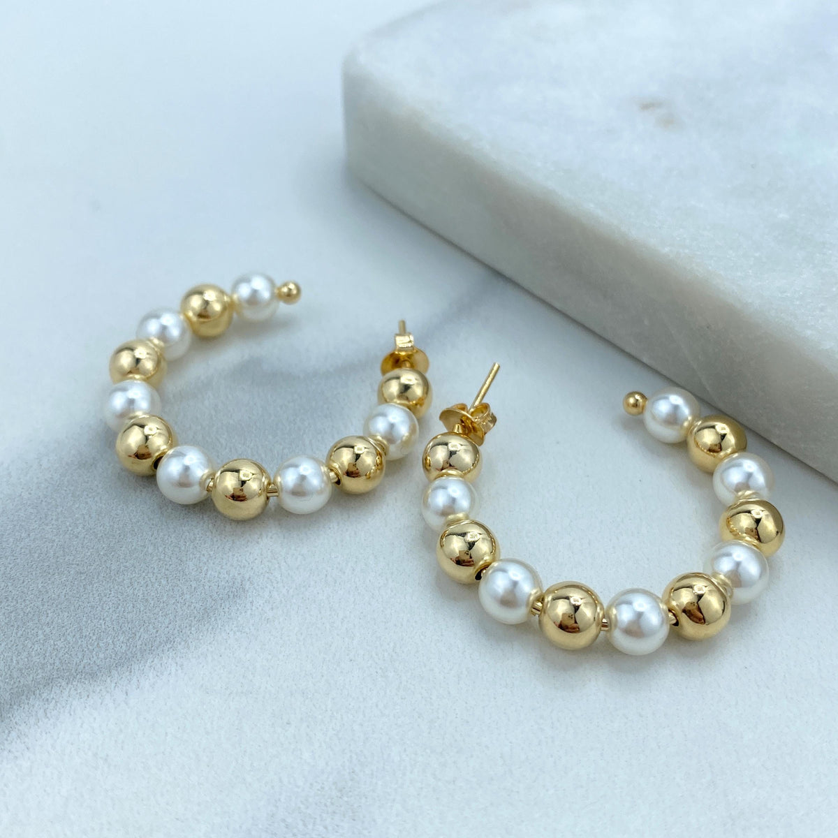 18k Gold Filled 6mm Thickness, Open Pearl Beaded Hoop, Gold Beads and Simulated Pearl C-Hoop, 34mm Beaded Hoop, Wholesale Jewelry