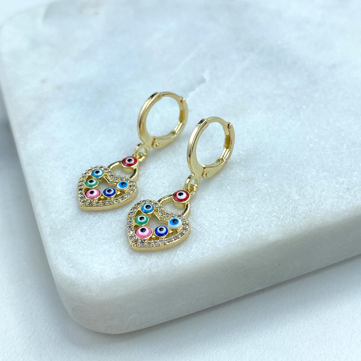 18k Gold Filled Huggie Earrings with Dangle Heart-Shaped Charm featuring Colorful Evil Eyes, for Luck and Protection, Wholesale Jewelry