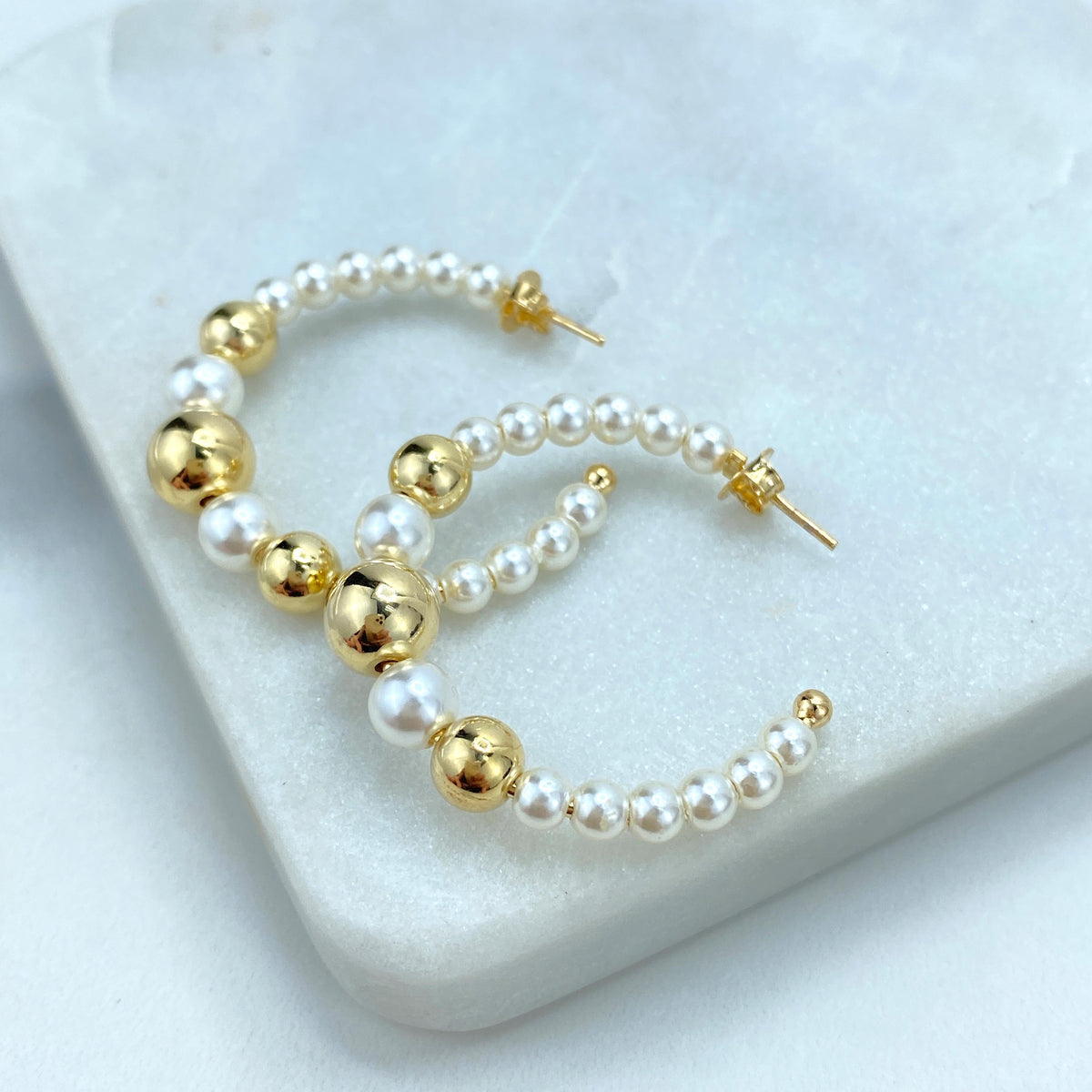 18k Gold Filled Open Pearl Beaded Hoop, Gold Beads and Simulated Pearl C-Hoop, 34mm Beaded Hoop, Wholesale Jewelry