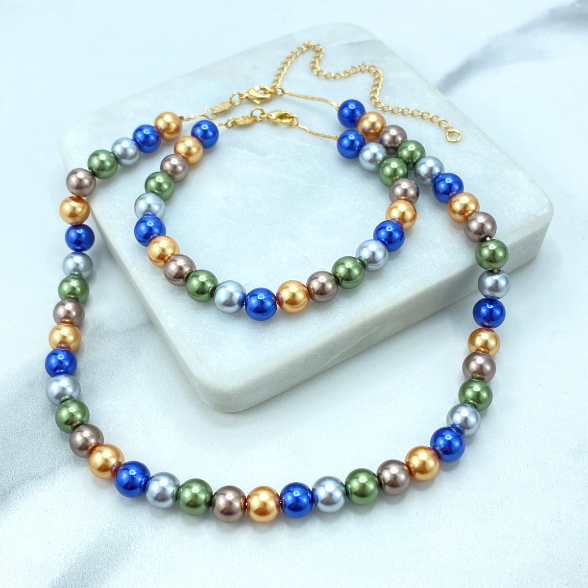 18k Gold Filled Multicolor Simulated Pearl Necklace or Bracelet, Timeless Jewelry, Buy as a set or individually, Wholesale Jewelry