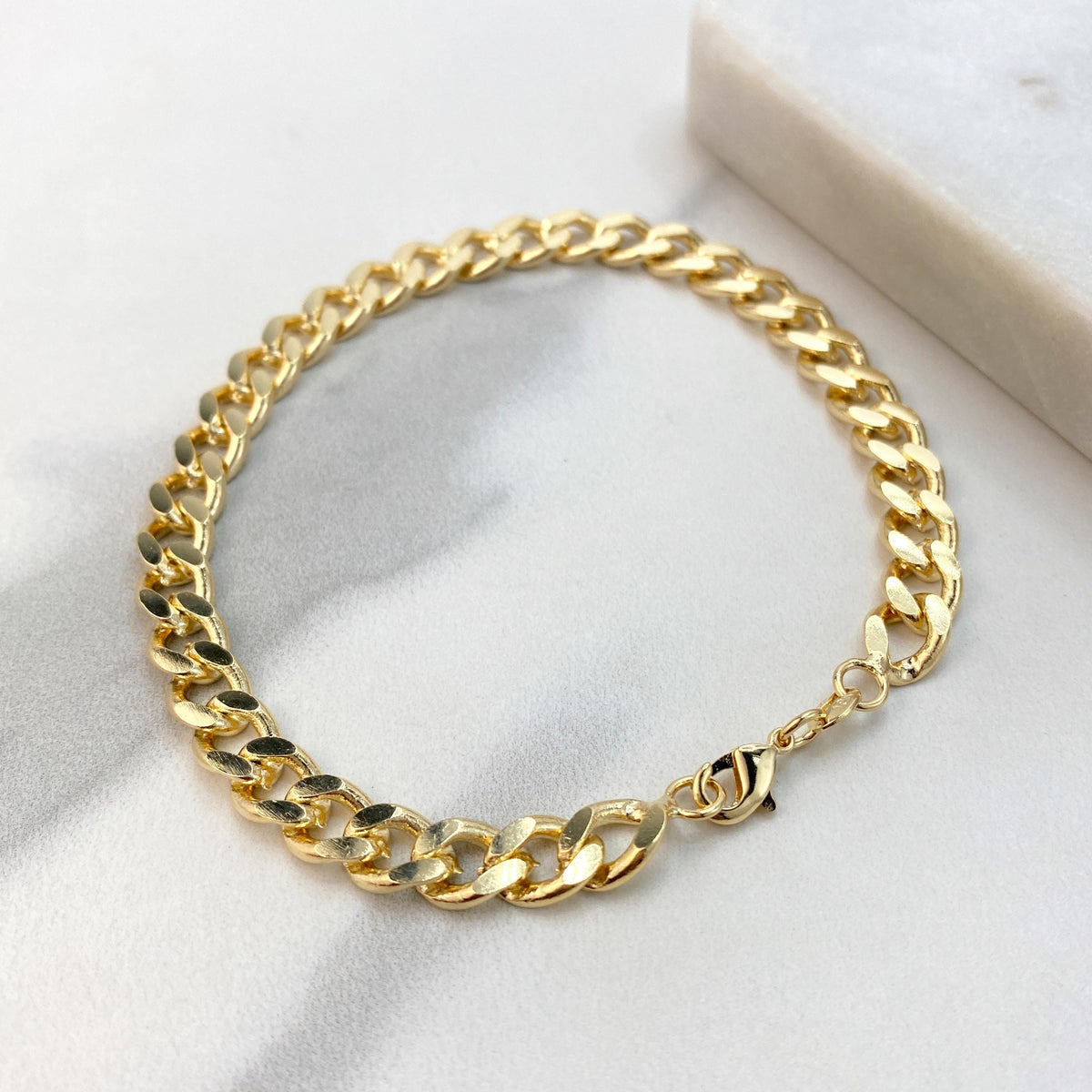 18k Gold Filled 7mm Flat & Polished Curb Link Chain Bracelet, Cuban Link Chain Bracelet, 7 Inches Long, Lobster Claw, Wholesale Jewelry