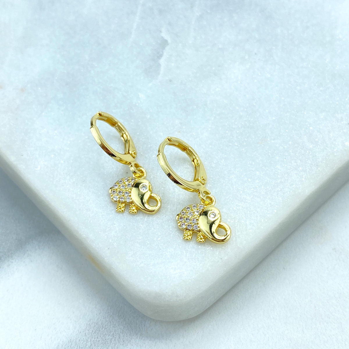 18k Gold Filled Huggie Earrings with Elephants Chams, Elephant Cubic Zirconia Huggie Earrings, Elephant Charm Gold Earrings with Zirconia
