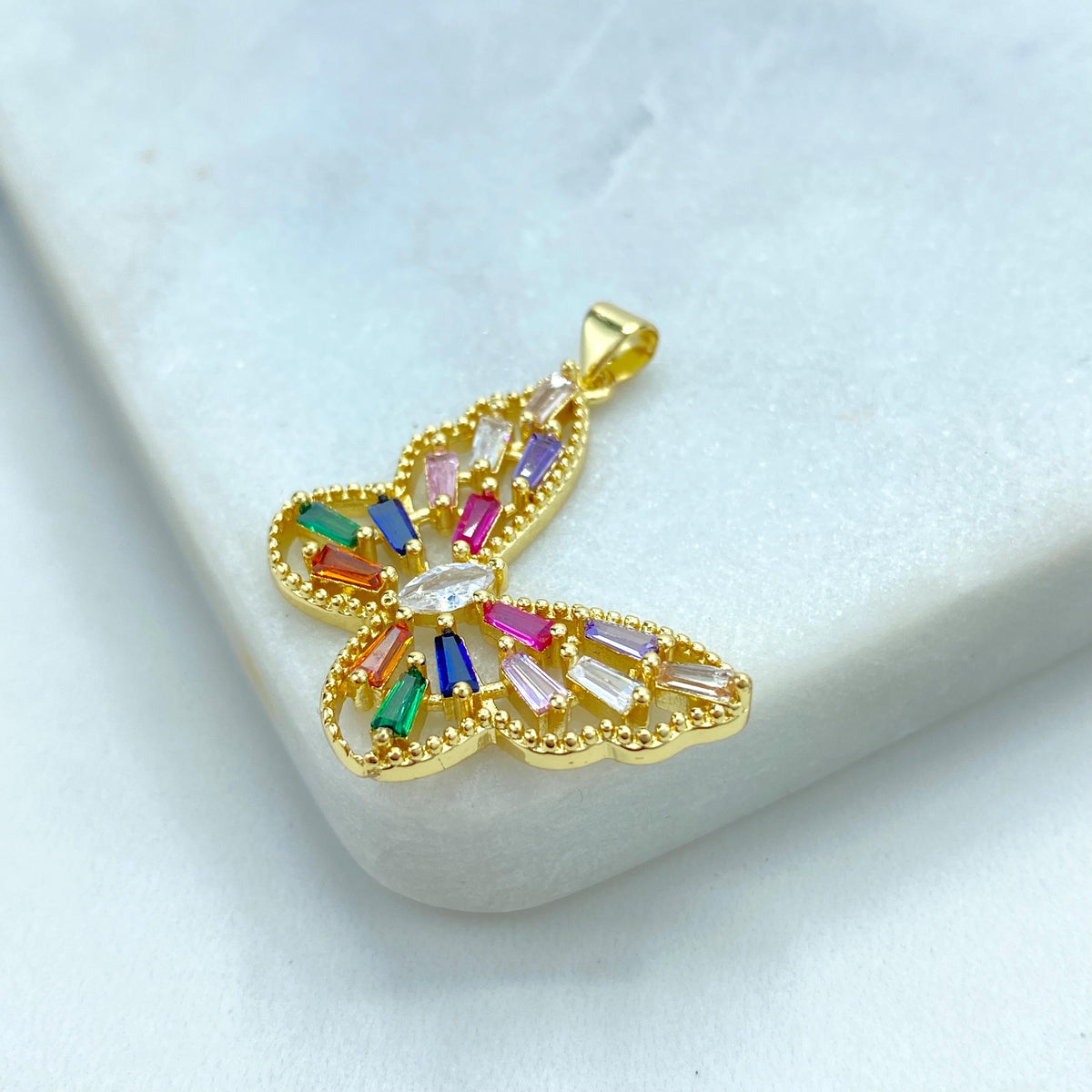 18k Gold Filled Multicolor Cubic Zirconia Butterfly Charm, DIY Butterfly Pendant with Side Bail Wing, Wholesale Jewelry