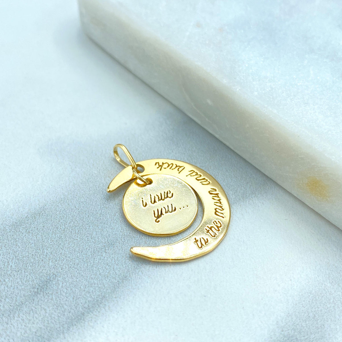 18k Gold Filled Pendant, "I Love You to the Moon and Back" Charm Pendant, Moon Charm, DIY Charm, Wholesale Jewelry Making Supplies