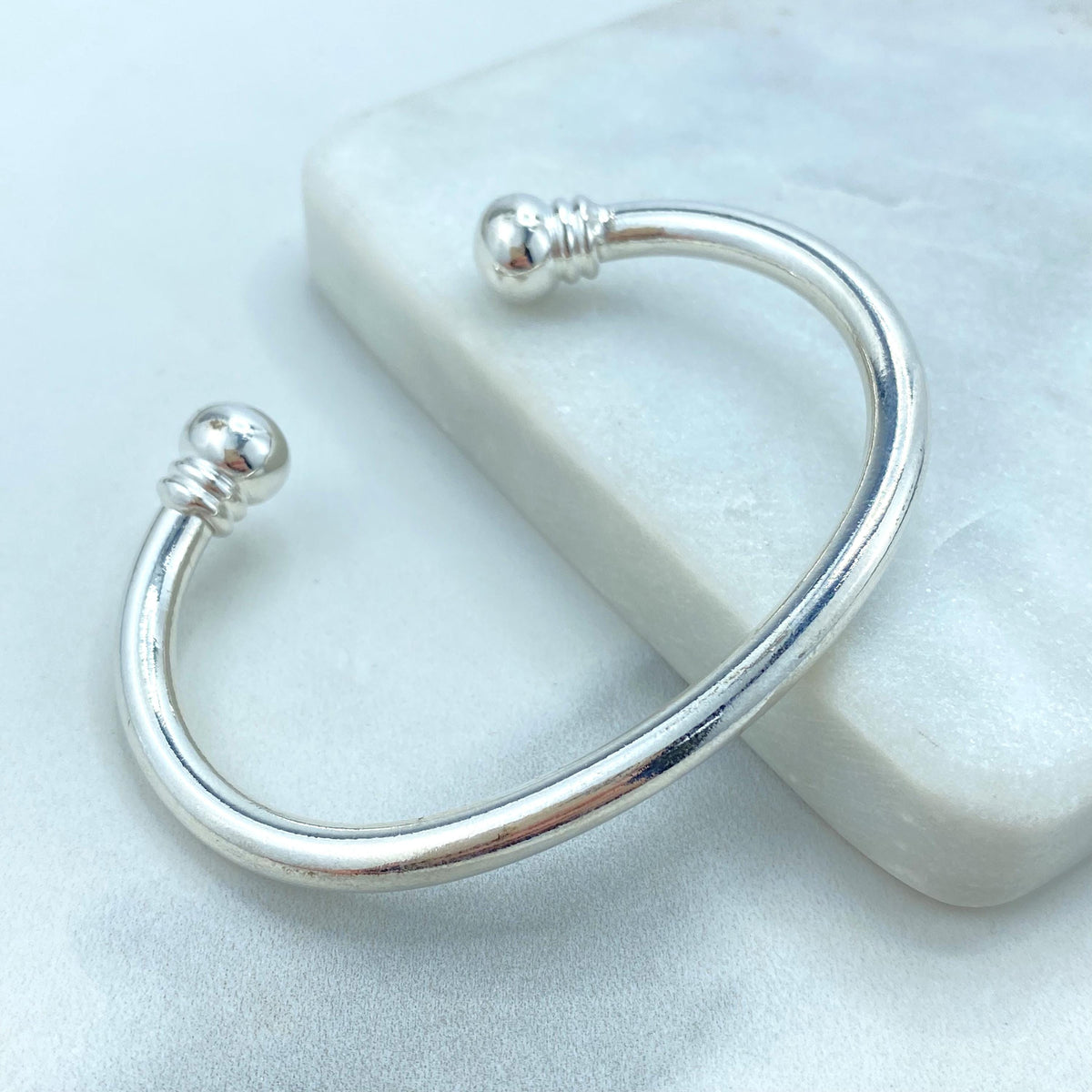 Silver Filled Bangle Featuring Two Solid Balls On Top, Cuff Bracelets, C-Shaped, Classic Bracelet, Fine Bracelet, Wholesale Jewelry Supplies
