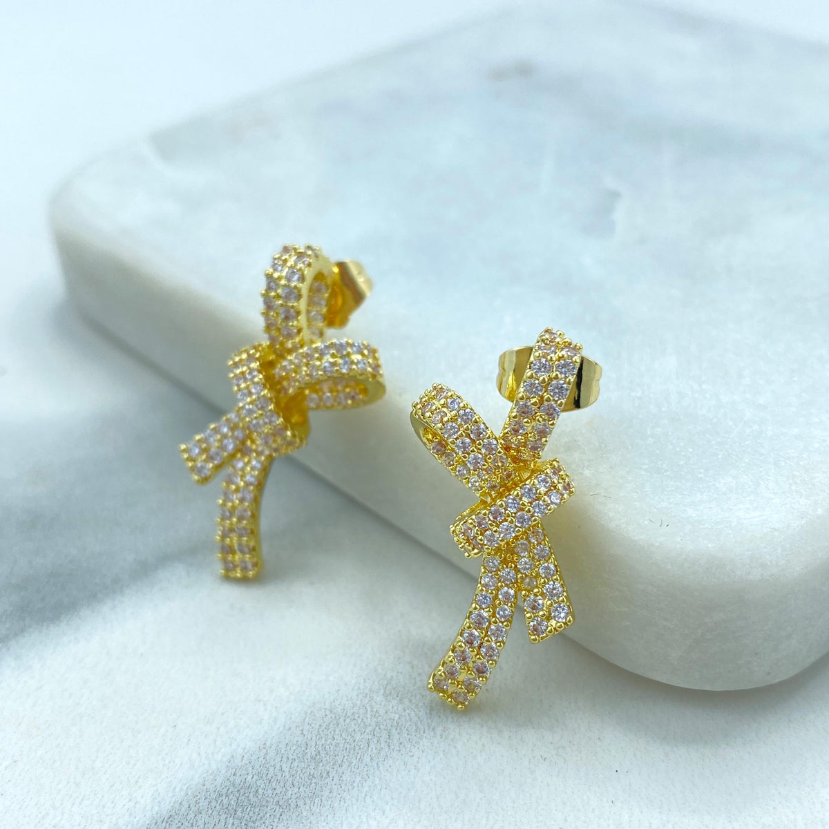 18k Gold Filled 29mm Ribbon Bow Stud Earrings with Micro Pave, Cubic Zirconia, Bow Stud Earrings, Wholesale Jewelry Making Supplies