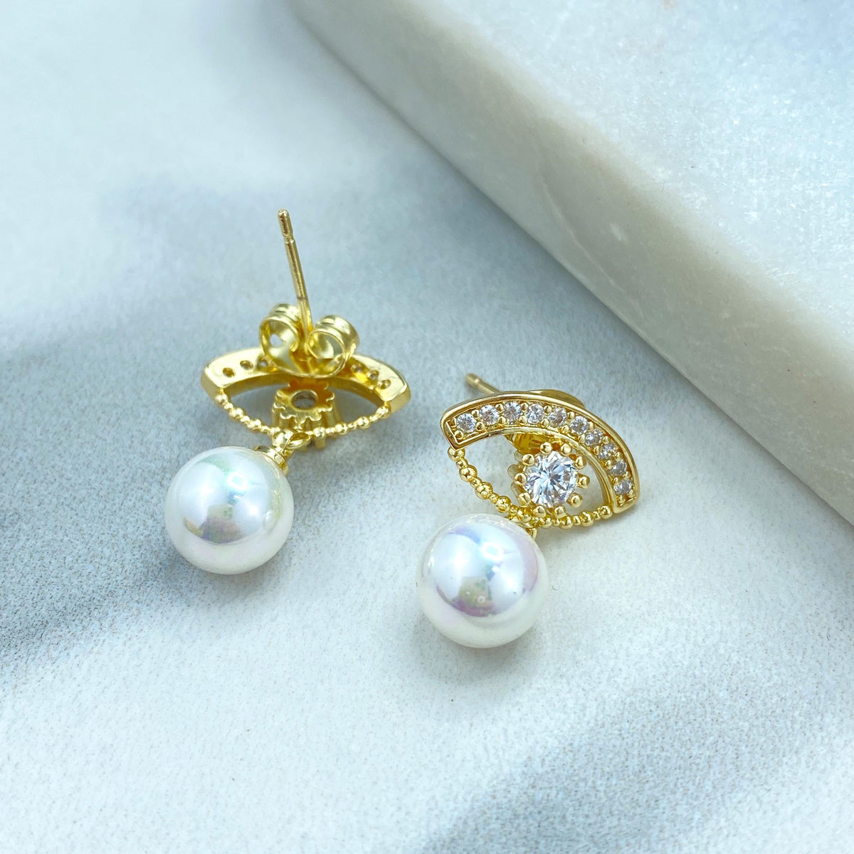 18k Gold Filled Eye of Emotions Studs, Cubic Zirconia Evil Eye Earrings with Dangle Pearl, Protection Stud Earrings, Wholesale Jewelry