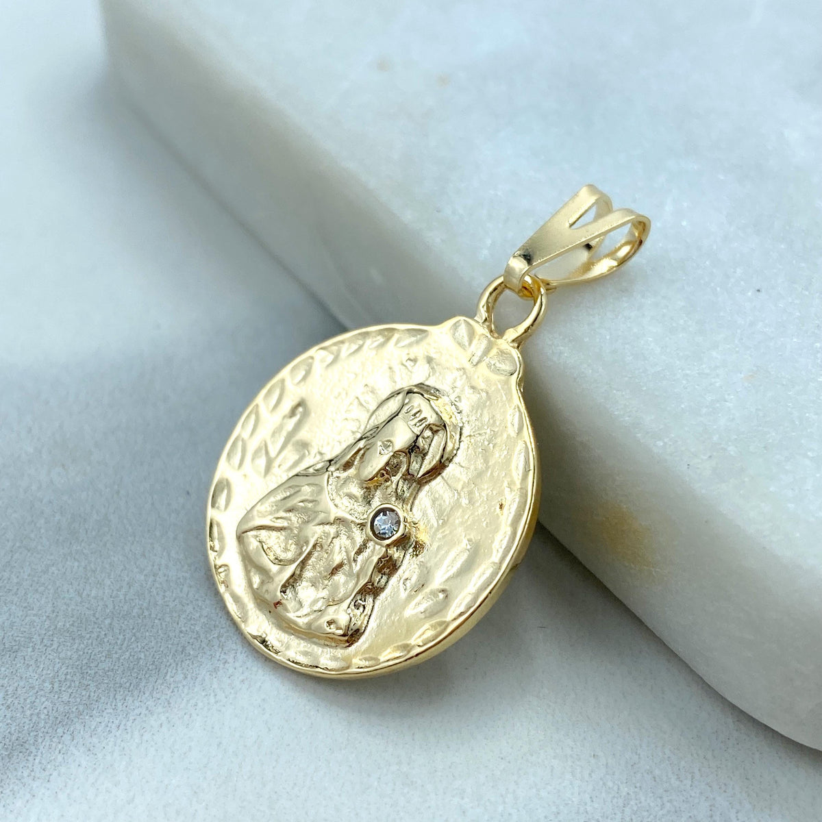 18k Gold Filled Clear Cubic Zirconia Santa Barbara, Saint Barbara Medallion Pendant, Round Religious Charm for Women, Wholesale Jewelry