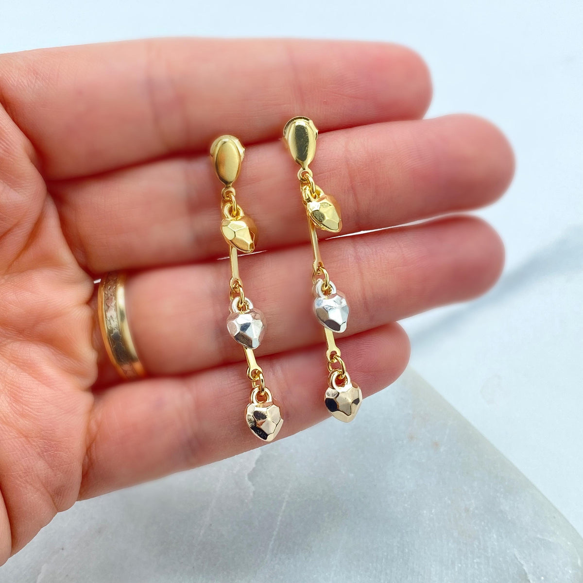 18k Gold Filled Dangle and Drop Earrings with Tri-Tone Hearts, Three-Tone Hearts Earrings, Drop Hearts Earrings, Wholesale Jewelry