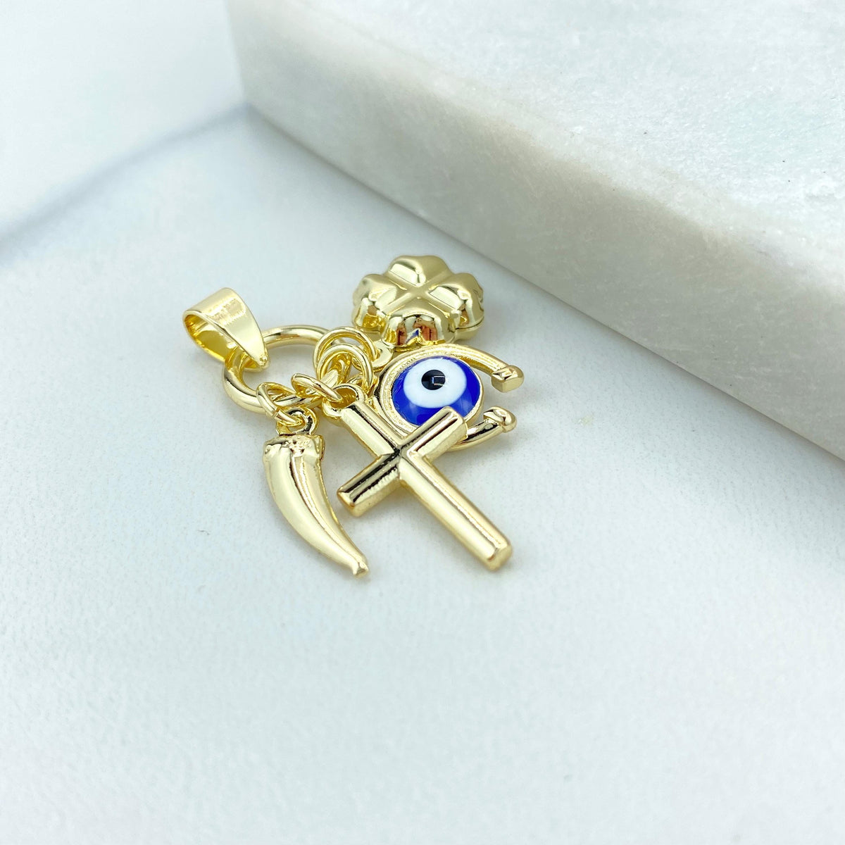 18k Gold Filled Amulet with Chili Pepper, Cross, Evil Eye, Horseshoe, Clover Charms, Protection against the Evil Eye Charm Wholesale Jewelry