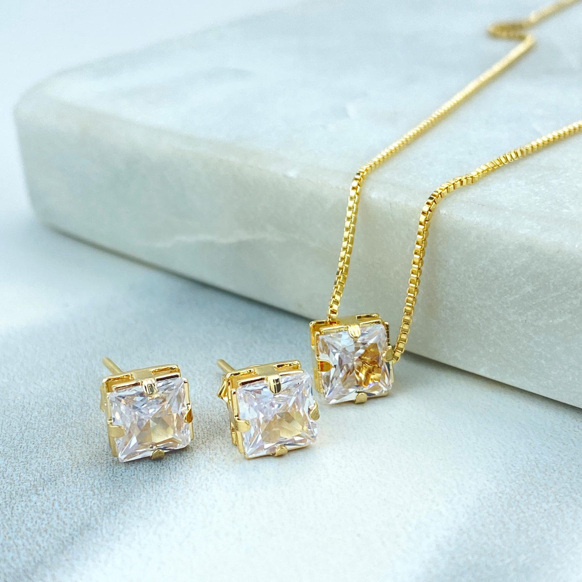 18k Gold Filled Solitaire Square Cubic Zirconia Necklace and Stud Earrings Set, Square Cubic Zirconia Jewelry Set, Wholesale Jewelry