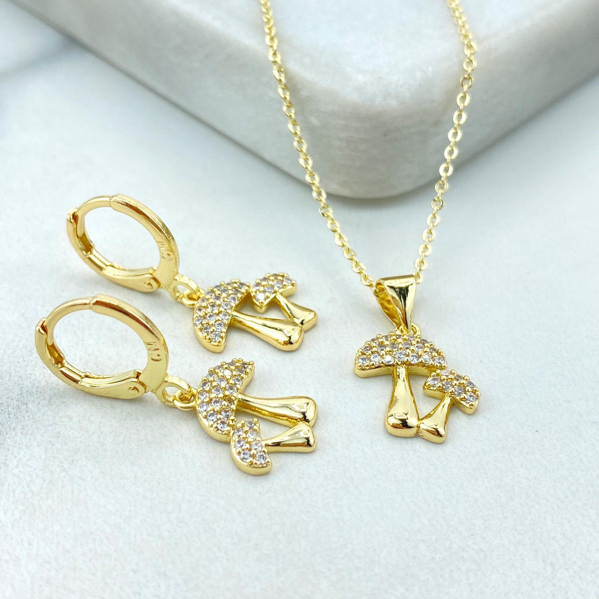 18k Gold Filled Mushroom Jewelry Set, Necklace and Dangle Charm Huggie Earrings, Micro Pave Cubic Zirconia Mushroom Set, Wholesale Jewelry