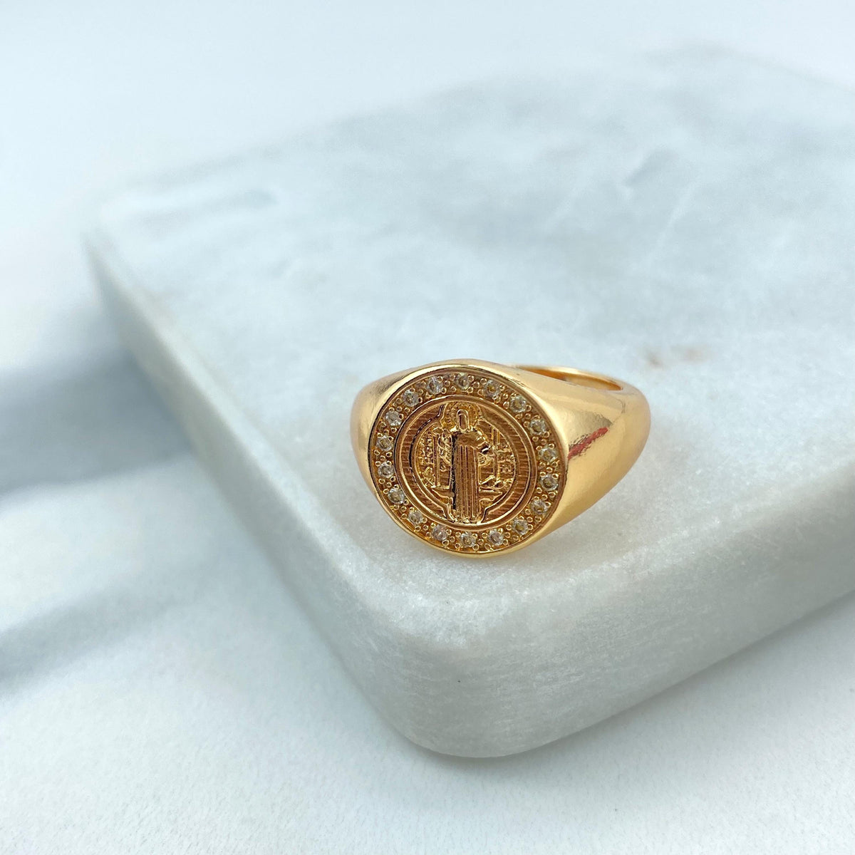 18k Gold Filled Saint Benedict Medal Ring with Micro Cubic Zirconia , San Benito Medal Ring, Catholic Jewelry for Wholesale and Supplies