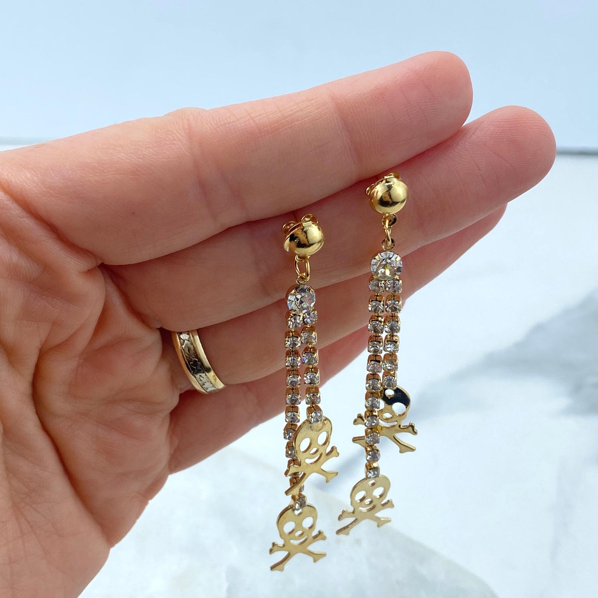 18k Gold Filled Long Drop and Dangle Skull Earrings, Double Dangle Cubic Zirconia Earrings with Stylized Skeleton, Wholesale Jewelry